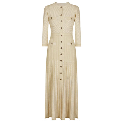 High Quality Fashionable Elastic Bright Silk Knitted Round Neck 7-inch Sleeve Single Row Button Lace Slim Fit Women's Dress
