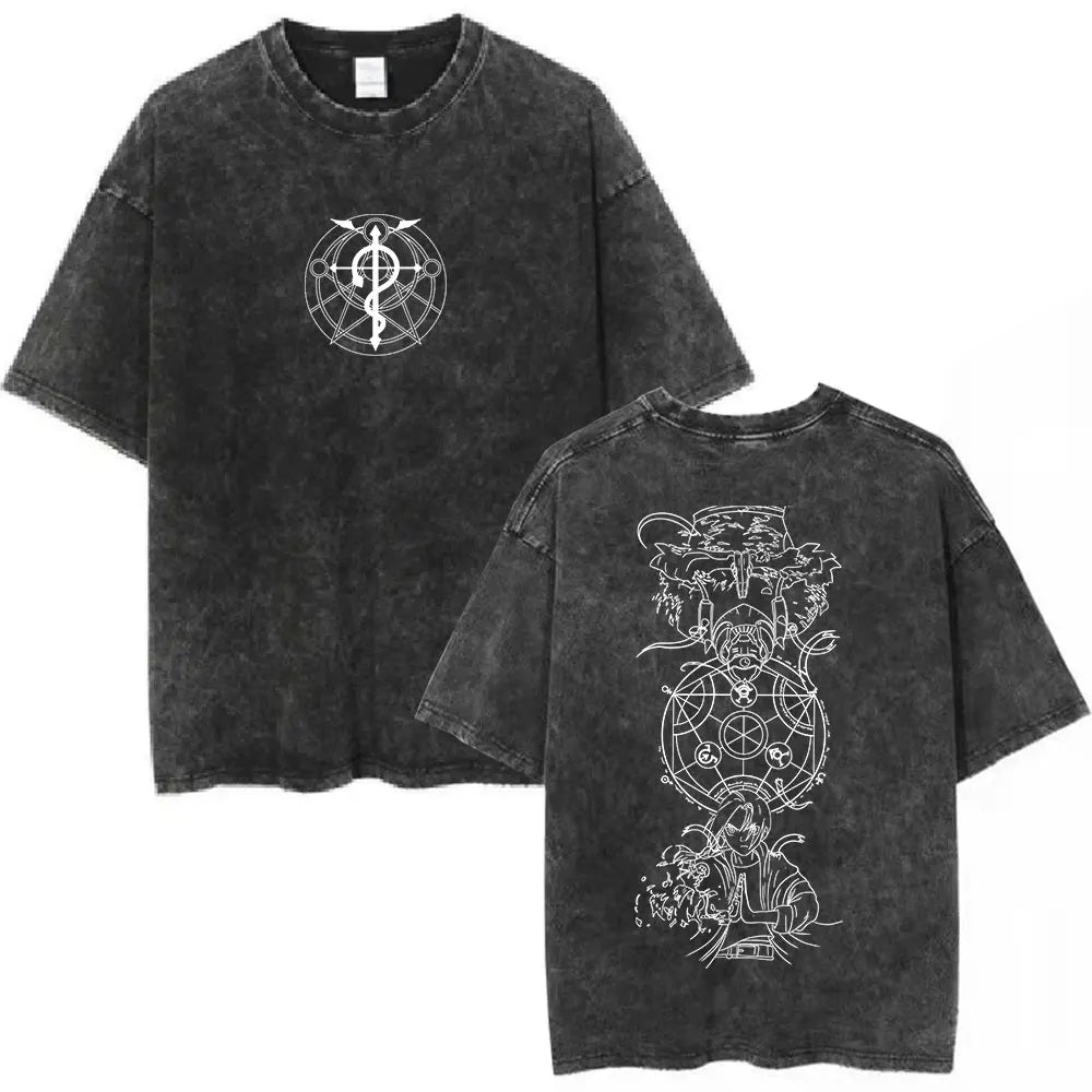 Anime Fullmetal Alchemist Washed T Shirts Edward Elric Alphonse Elric T-Shirt Men's Women Fashion Casual Oversized T-shirts Tops