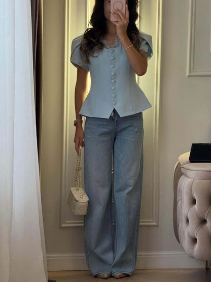 Women 2026 Spring Summer Lace Detail Blouse Stand Collar Puff Short Sleeve Fitted Waist Button Front Elegant Office Blazer