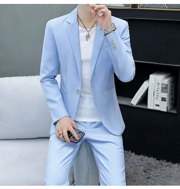 Slim Fit Two-Piece Suit Casual Business Style Solid Color Autumn  Dress Suit with Trousers Included Stylish Men's Costume