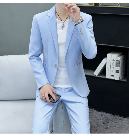 Slim Fit Two-Piece Suit Casual Business Style Solid Color Autumn  Dress Suit with Trousers Included Stylish Men's Costume