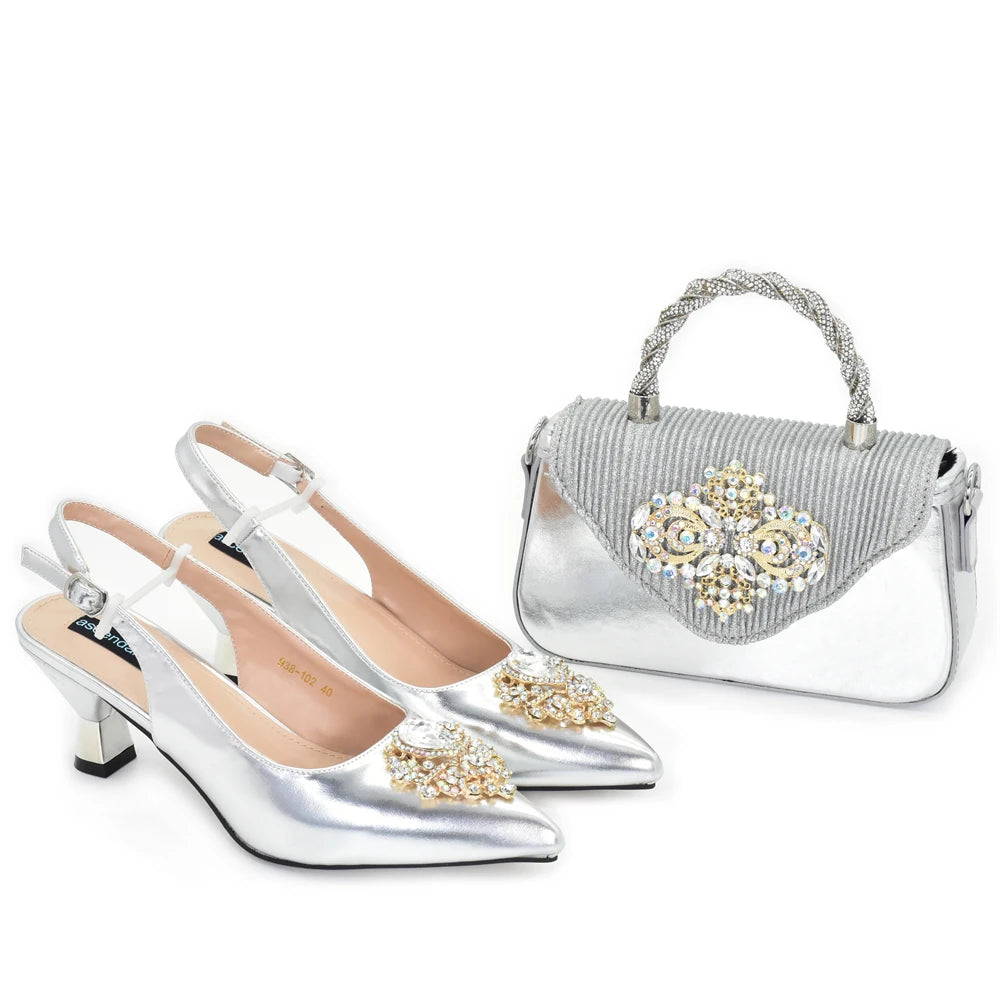 New Arrival Pointed Toe Heels for Women 2026 Elegant Party Diamond Pumps Italian Shoes and Bags Matching Set with Rhinestone