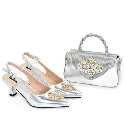 New Arrival Pointed Toe Heels for Women 2026 Elegant Party Diamond Pumps Italian Shoes and Bags Matching Set with Rhinestone