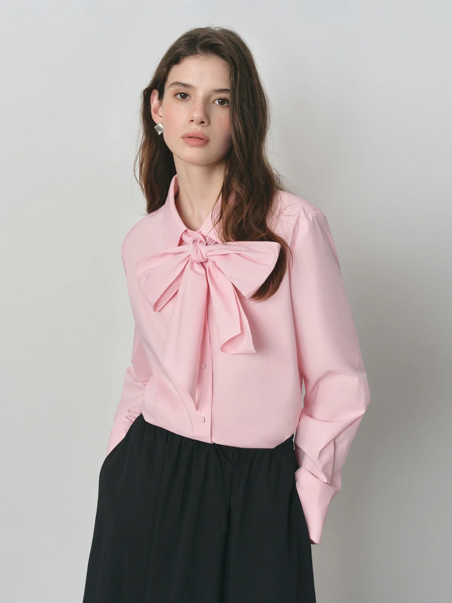 Pure Cotton Oversized Bow Detail Women's Autumn 2025 New Arrival Laid-Back Long Sleeve Blouse with Sash 25FS13213
