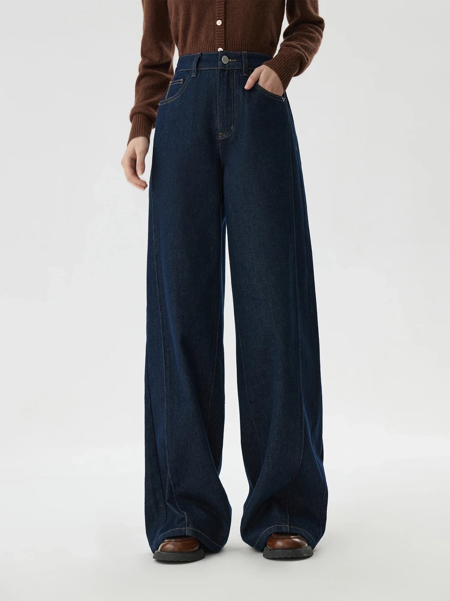 FSLE 2025 New Arrival Women Jeans High Waist Cotton Wide Leg Trousers Dark Denim Blue Loose Floor Length Female Jeans Streetwear