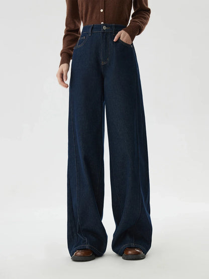 FSLE 2025 New Arrival Women Jeans High Waist Cotton Wide Leg Trousers Dark Denim Blue Loose Floor Length Female Jeans Streetwear