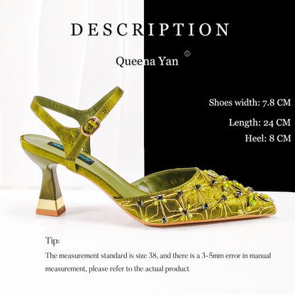 Elegant Full High Quality Diamond Design Olive Color Italian Women's Shoe and Handbag Set for Weddings and Special Occasions