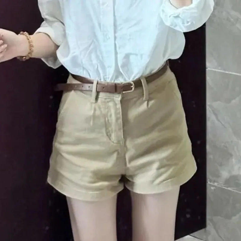 Khaki Casual Shorts for Women Summer All-Match Stretch Denim Straight Shorts Ladies Korean Simple with Belt Hot Short Pants