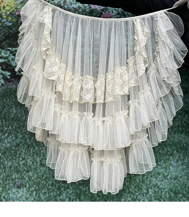 Double Layered Lolita Waist Curtain Sheer Cover Up High Low Skirt w. Asymmetrical Ruffles
