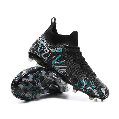 High-top football boots with long FG studs and TF studs,suitable for both men and women,featuring breathable and non-slip design