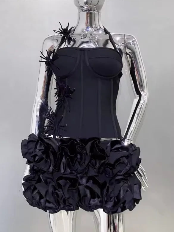 Halter Sleeveless Style Corset Mini Dress with Unique Embellishments for a Special Night Out Evening Gown