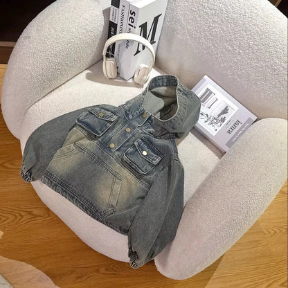 High Quality Retro Color Children's Denim Suit Boy Spring Autumn New Girl's Suit Hoodie Denim Coat+ Pant Casual 2pcs Set Outfits