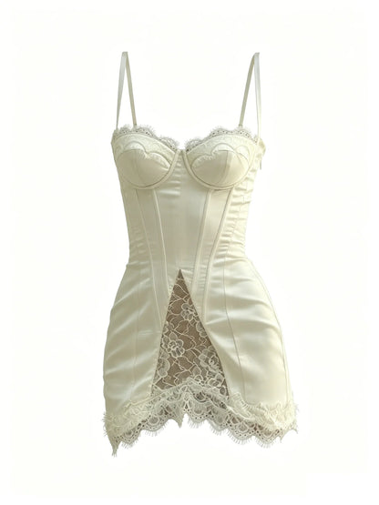 New slimming belted lace halter dress French style sexy short figure-hugging summer dress satin fishbone detailing Y2K Daily