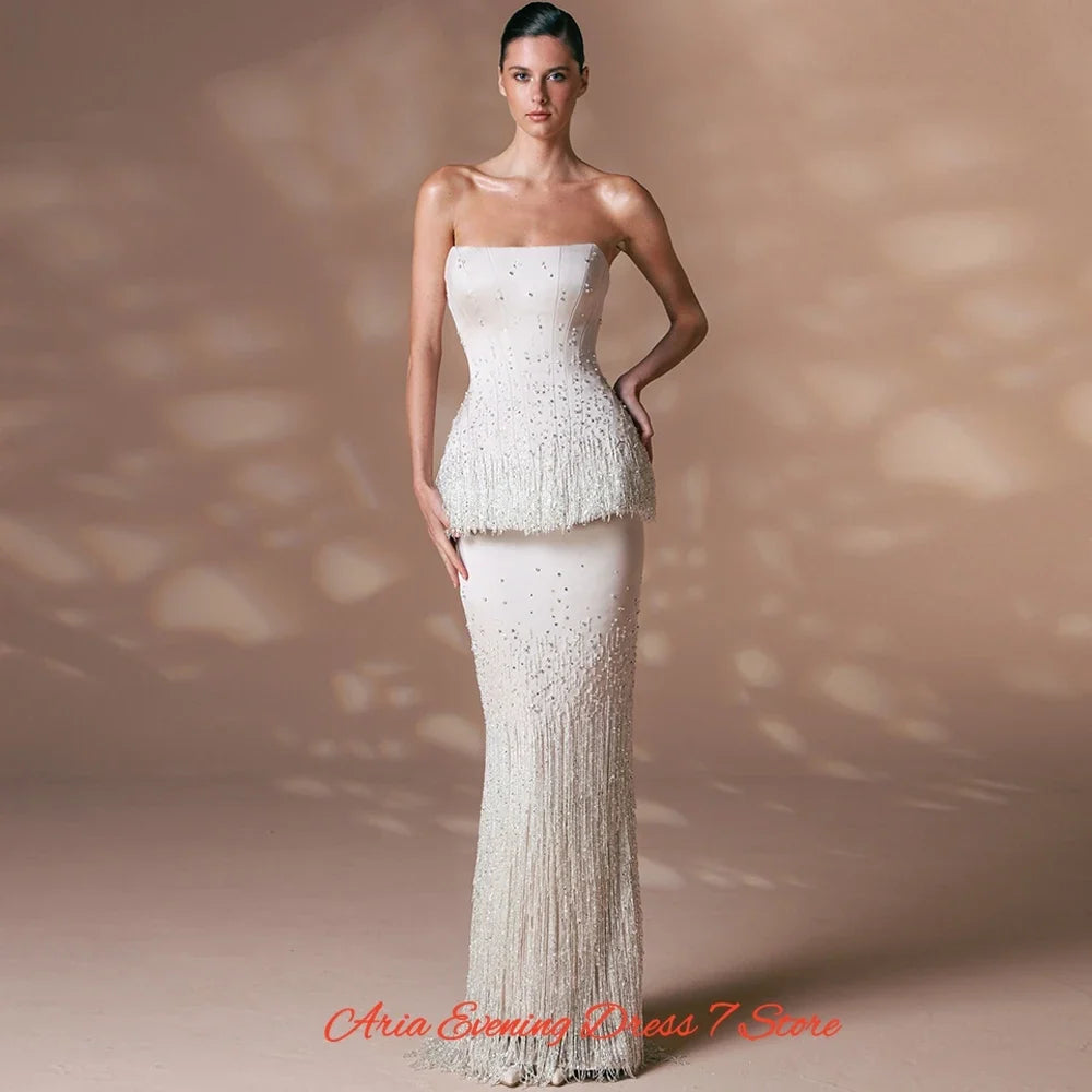 Exquisite Jersey Strapless Crystal Customized Evening Dress Classic Tassel Bridal Party Delicate Lace Up Back Celebrity Gowns