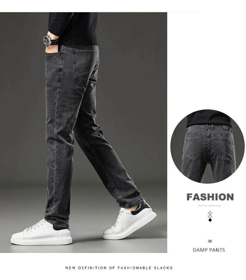 Men's autumn and winter hot jeans elastic small straight leg pants black gray micro elastic zipper fashionable versatile jeans