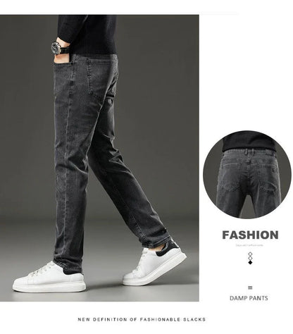 Men's autumn and winter hot jeans elastic small straight leg pants black gray micro elastic zipper fashionable versatile jeans
