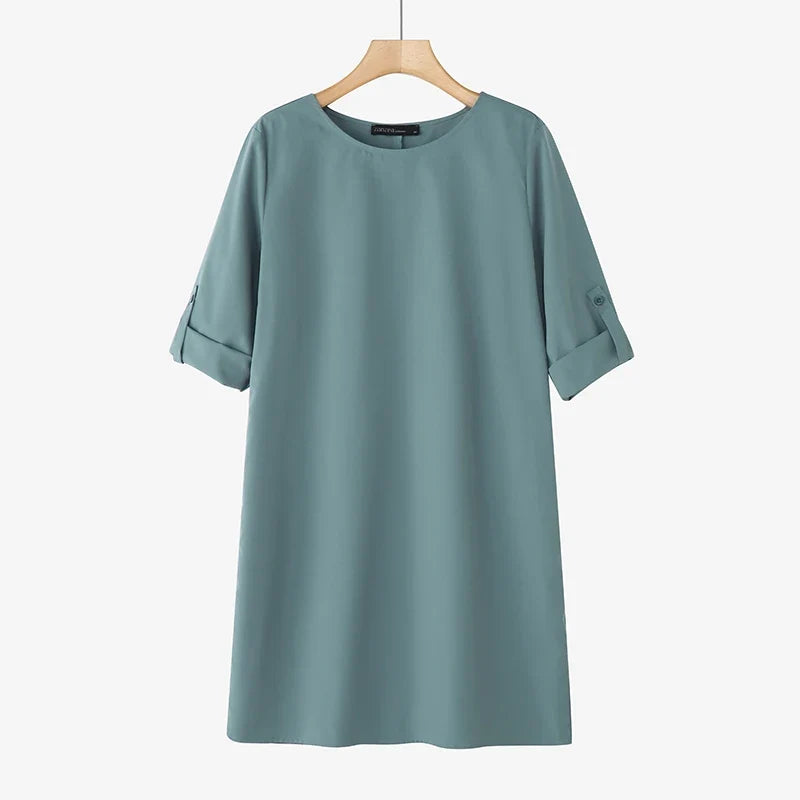Elegant Women Party Dress 2026 Summer Fashion 3/4 Sleeve Casual Shirt Vestidos Pockets Loose Solid Knee-length Sundress