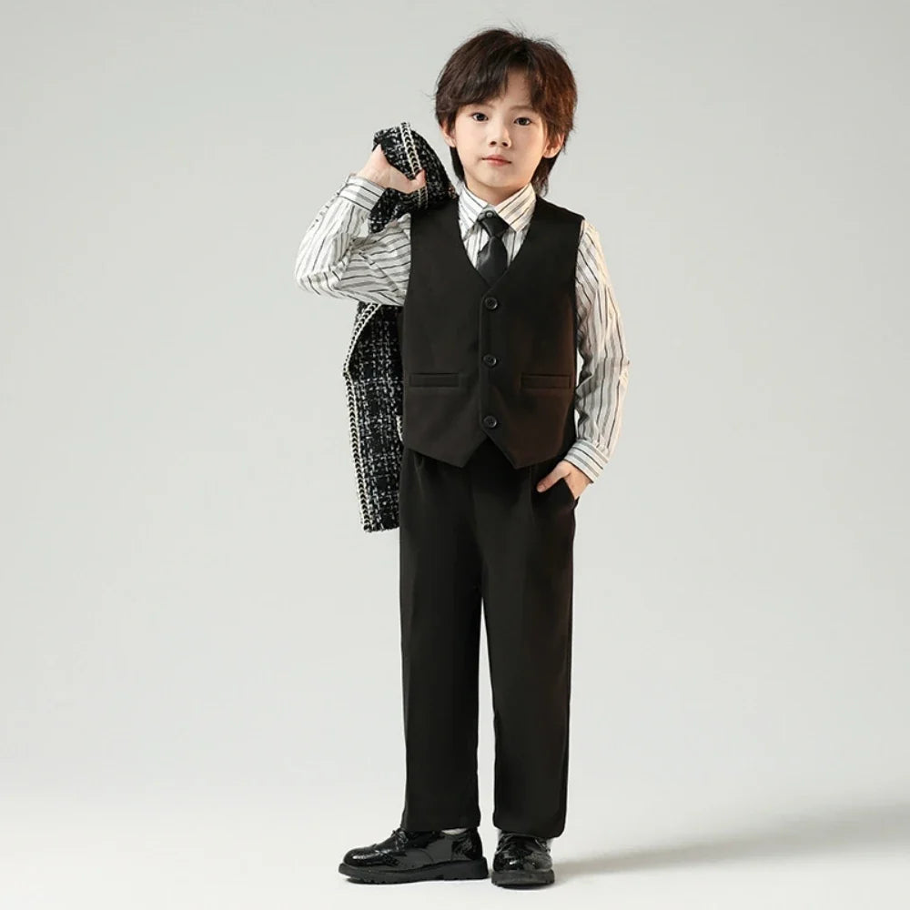 Exquisite Boys Plaid Suits For Catwalk Show Host Costumes,Children's Notched Lapel Winter Warm Suit Set,New Kids Party Tuxedo