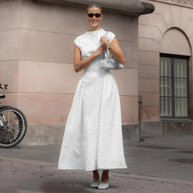 White Polka Dot Long Dress Summer Sexy High-Waisted Vintage Print Sleeveless Dress Casual Party Vacation New Women Dress