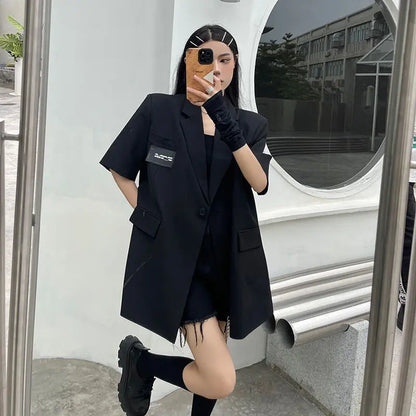 Streetwear Loose Women Blazer Summer Fashion New Thin Short Sleeve Button Down Jacket Woman