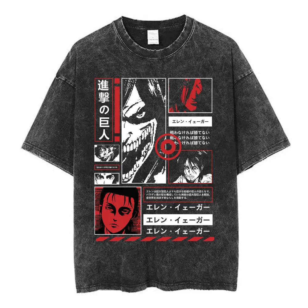 Anime Attack on Titan Washed T-Shirt Ackerman Mikasa Eren Jaeger Cherry Blossom Graphics Logo T Shirt Men Women Cotton T Shirts