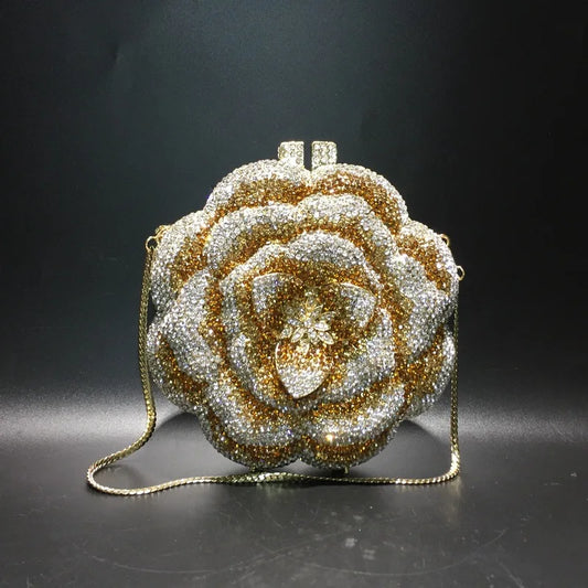 Rose Flower Crystal Evening Bags for Women Rhinestone Clutches Luxury Elegant Handbags Wedding Bride Gift Bags Banquet Shiny Bag