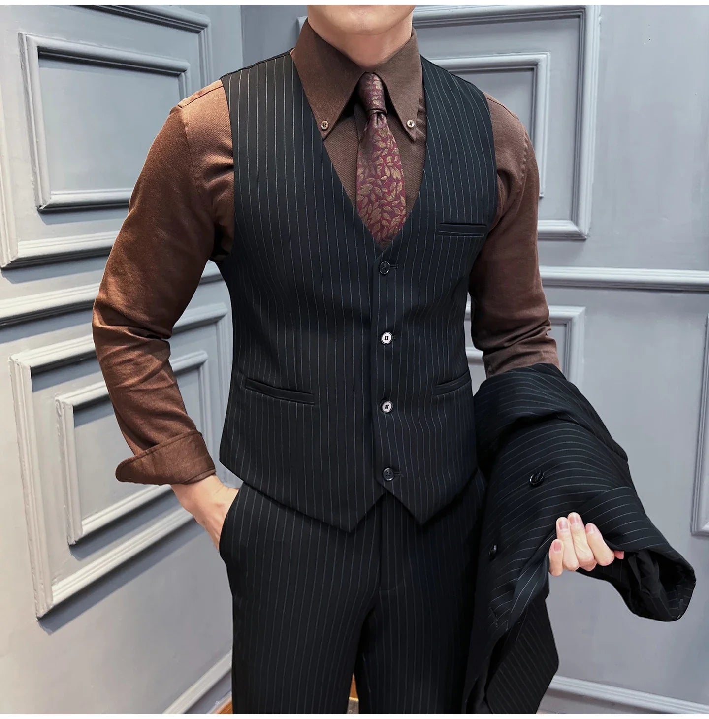 5XL-M( Vest + Pants) High-end Brand stripe Suit Vest 2 pieces Men Luxury Fashion Groom Wedding Vest Set Male Club Party Clothing