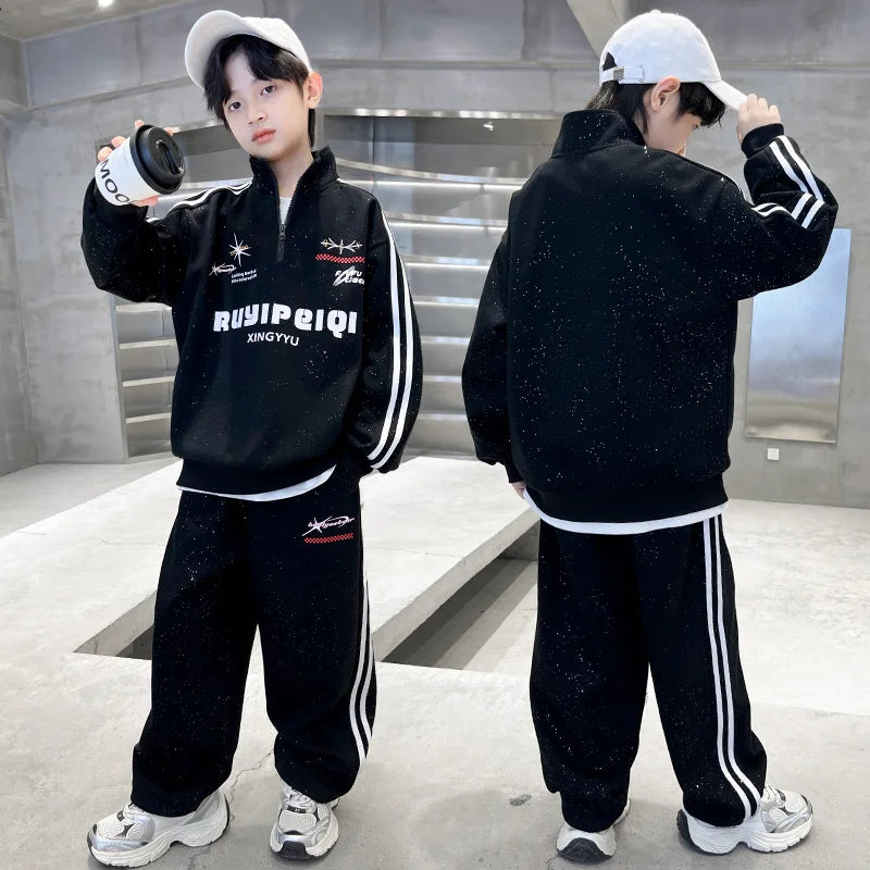 Spring Autumn Boys Striped Half Zip Sweatshirt+Sweatpant Workout Sets School Kids Tracksuit Children Outfit Jogging Suit 5-16 Yr
