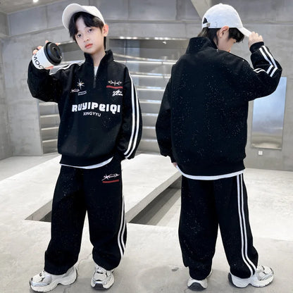 Spring Autumn Boys Striped Half Zip Sweatshirt+Sweatpant Workout Sets School Kids Tracksuit Children Outfit Jogging Suit 5-16 Yr