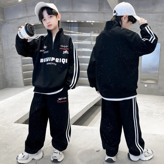 Spring Autumn Boys Striped Half Zip Sweatshirt+Sweatpant Workout Sets School Kids Tracksuit Children Outfit Jogging Suit 5-16 Yr