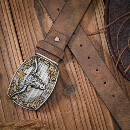 Men - Women - Western Denim - pu leather - Belt - Vintage jeans with floral carved buckle belt