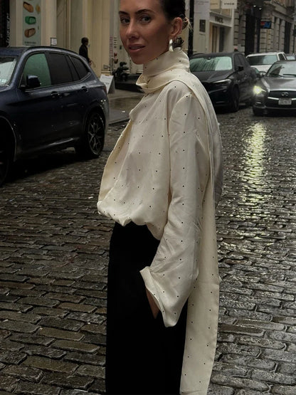 Satin Scarf Neck Polka Dot Printing Women Blouse Fashion Full Sleeve Loose Basic Shirt Lady Autumn New Highstreet Commute Wear