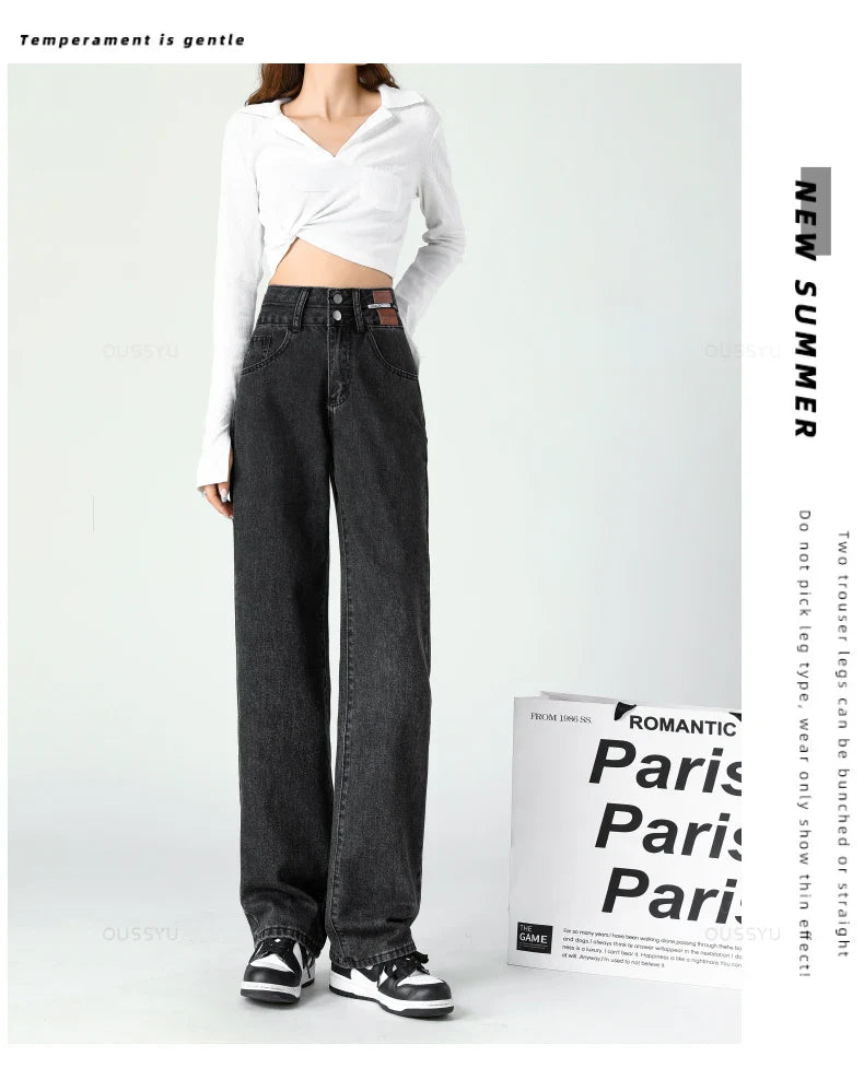 Y2K Woman Jeans High Waist Wide Leg Cotton Denim Clothing Blue White Streetwear Vintage Fashion Harajuku Straight Pants