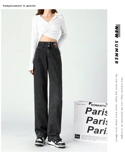 Y2K Woman Jeans High Waist Wide Leg Cotton Denim Clothing Blue White Streetwear Vintage Fashion Harajuku Straight Pants
