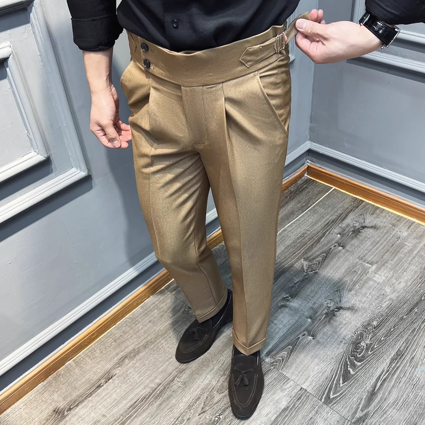 Italian Style Naples High Waisted Straight Pants Men High Quality Solid Color Business Casual Formal Office Social Suit Pants