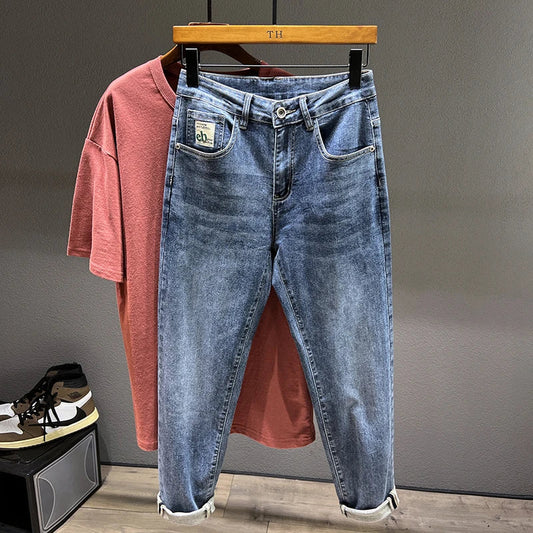 Men's Loose Harem Jeans Classic Blue Fashion Elastic Tapered Small Feet Denim Pants Streetwear Youth Ankle Length Trousers
