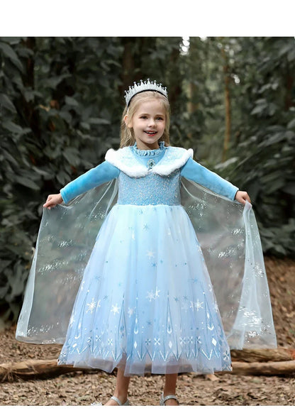 Girls' Spring 2026 New Velvet Elsa Frozen Princess Dress Kids Blue Cape 2 Piece Set Warm Dresses For Girl Party 3-9 Years Old ﻿