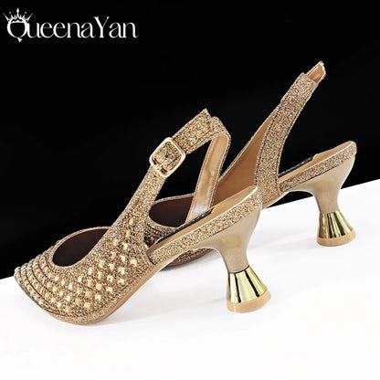 Italian Design Rhinestone Luxury Green Colour Pointed Toe Shoe & Bag Set Women's High Heels for Parties High Quality