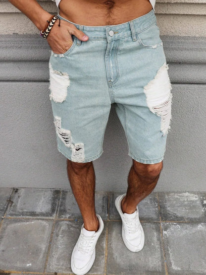 Men's Light Blue Ripped Denim Shorts, Summer Casual Streetwear Loose Straight-Leg Denim Shorts