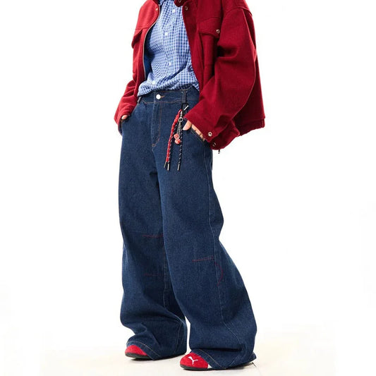 New Korean Retro Blue Straight Leg Jeans Casual Loose Wide Leg Pants Fashion Men's Wide Jeans High Quality Pants