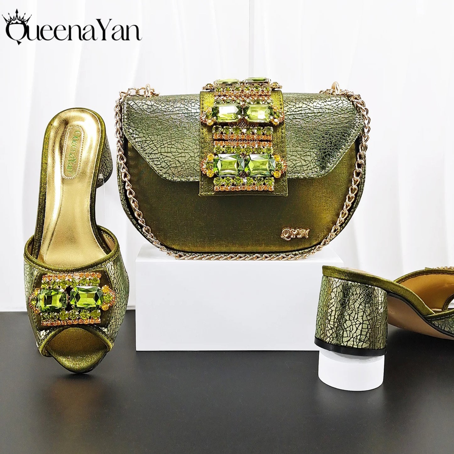 Newest Italian Design Fashion Comfortable Olive Color Peep Toe Party Wedding or Work Women's High Heels with Diamond Oval Bag