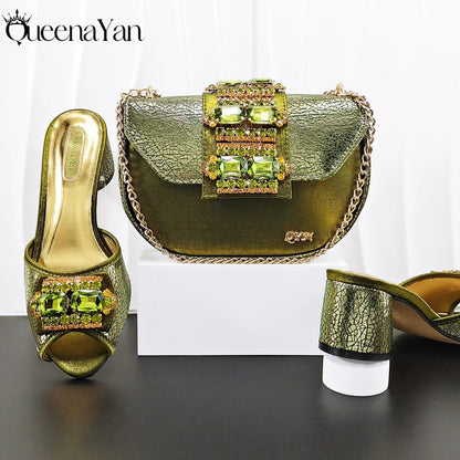 Newest Italian Design Fashion Comfortable Olive Color Peep Toe Party Wedding or Work Women's High Heels with Diamond Oval Bag