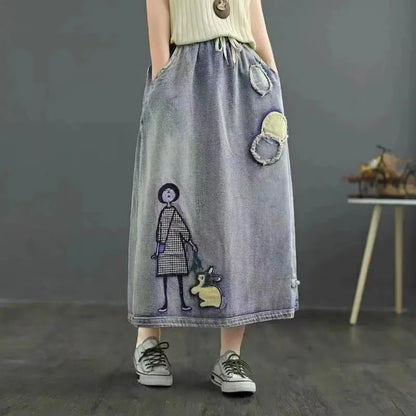 Summer New High Waist A-line Cowboy Skirt for Women Embroidery Slimming Versatile Fashion European American Style Half Skirts
