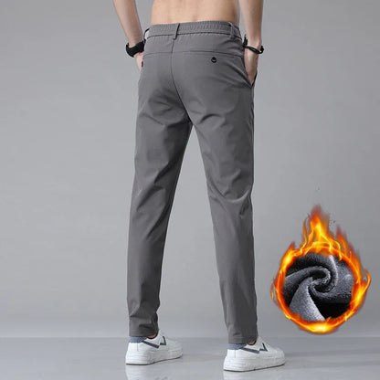 Korean Men's Warm Golf Pants Slim Straight Winter Thick Fleece Casual Pants Business Fashion Stretch Thermal Trousers Male