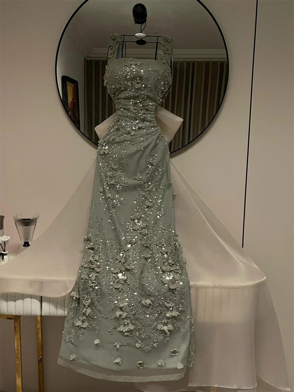 Customized Beaded Square Neck Sleeveless Prom Dress Long A Line Formal Evening Gown Floral Appliques Bow Back Design