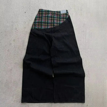 Mens Jeans Vintage Plaid Patchwork Denim Pants Harajuku Unisex Loose Fit Wide Leg Floor Length Hip Hop Streetwear Fashion Trend