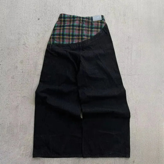 Mens Jeans Vintage Plaid Patchwork Denim Pants Harajuku Unisex Loose Fit Wide Leg Floor Length Hip Hop Streetwear Fashion Trend