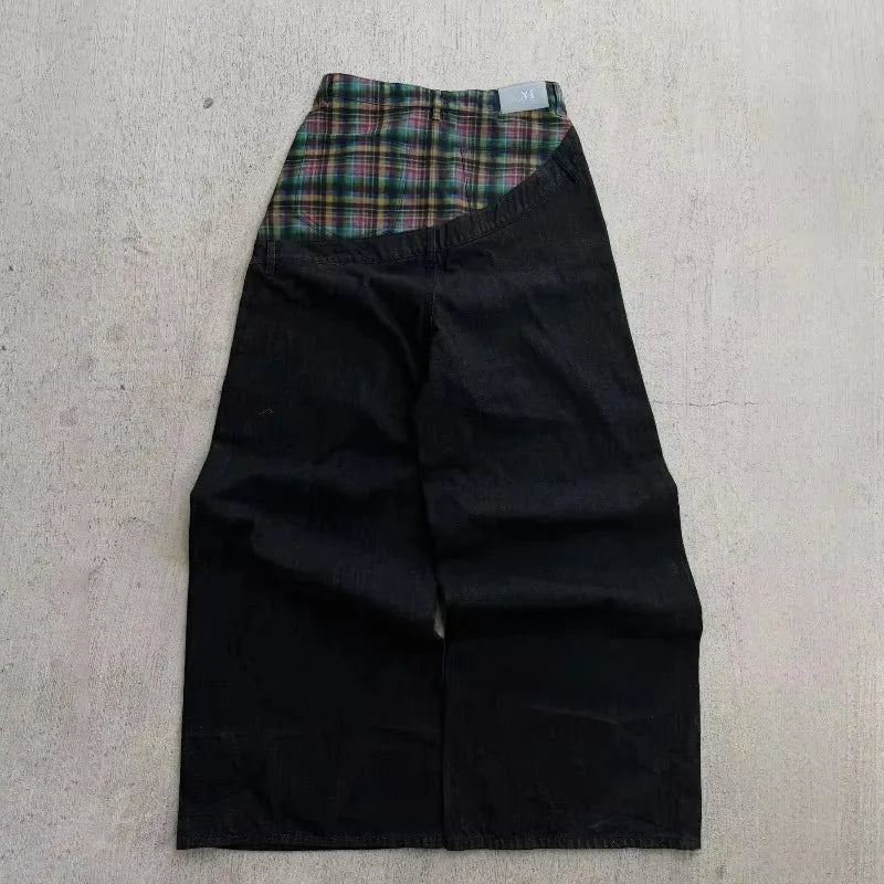 Mens Jeans Vintage Plaid Patchwork Denim Pants Harajuku Unisex Loose Fit Wide Leg Floor Length Hip Hop Streetwear Fashion Trend
