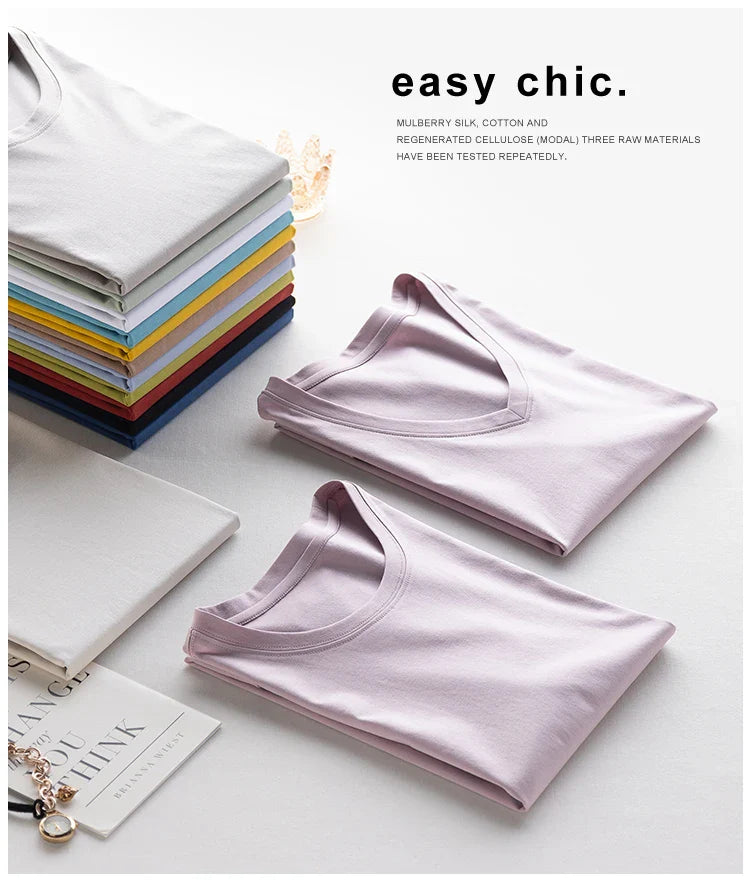 6% Real Silk Cotton Modal Women's T-shirt 2026 Summer Tees Short Sleeve Solid Tee Shirts V-neck Casual Woman Basic T shirt Tops