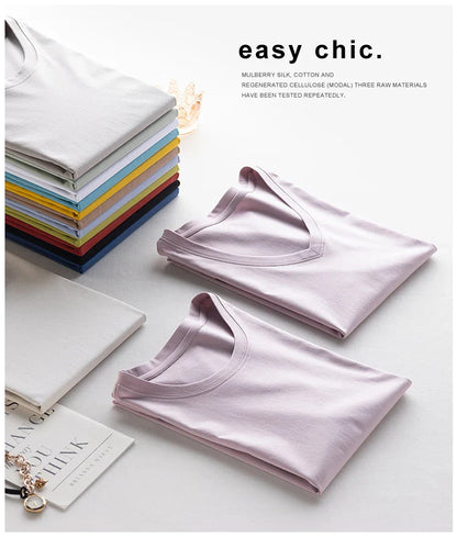 6% Real Silk Cotton Modal Women's T-shirt 2026 Summer Tees Short Sleeve Solid Tee Shirts V-neck Casual Woman Basic T shirt Tops